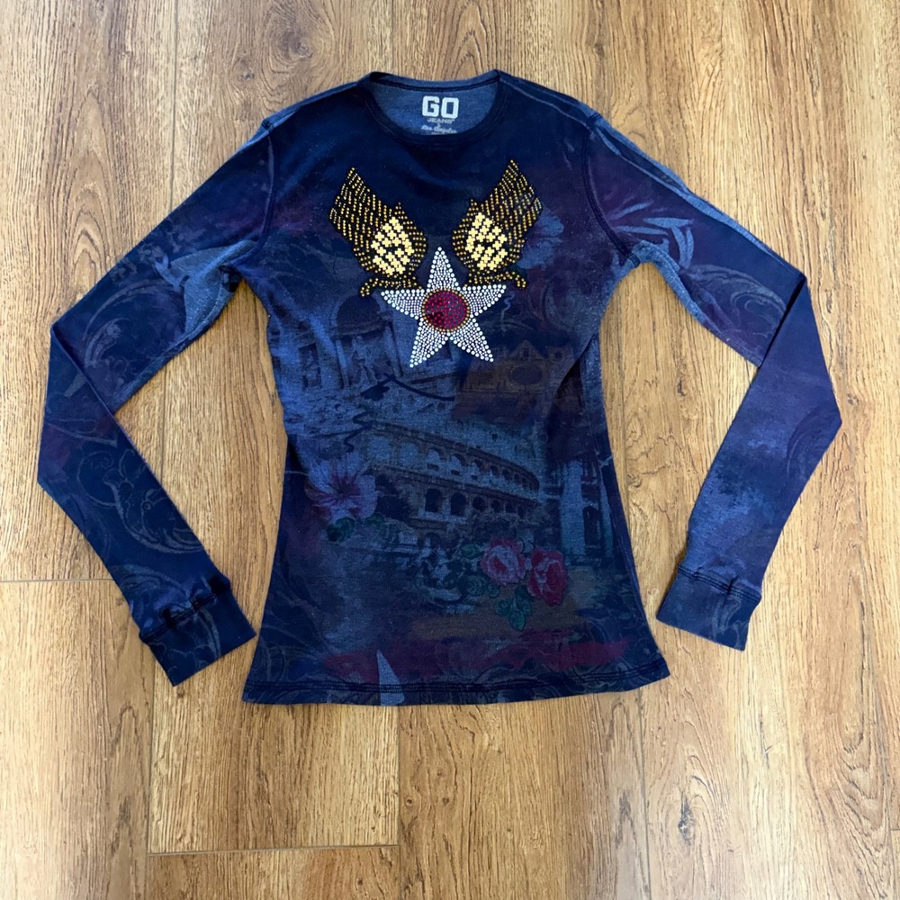 GO Jeans Los Angeles Womens L y2k Top Rhinestone Star Italy Graphic Tee USA made